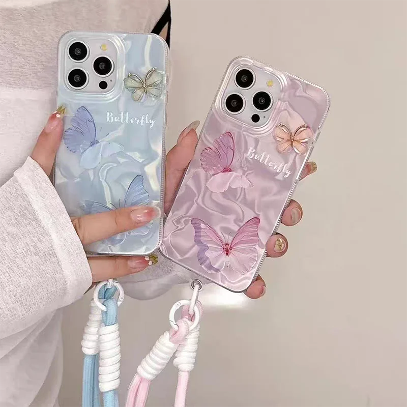 Flash Butterfly 3D Lanyard Case For OPPO Reno 14 14F 13 FS Realme 14 Pro Plus 13 12 Pro C71 C73 5G 4G Y2K Girl Phone Cover Cases
