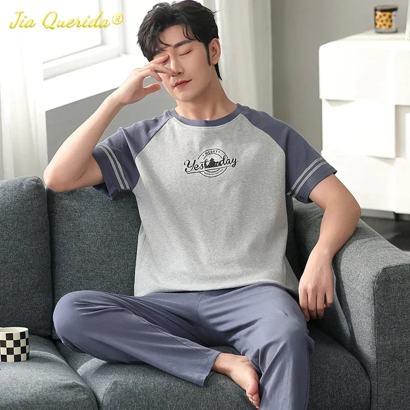 SUKAE Elegant Mens Pajamas Summer Knitted Cotton Leisure Sleepwear for Men O-neck Short Sleeved Long Pants Pijamas Set for Boy