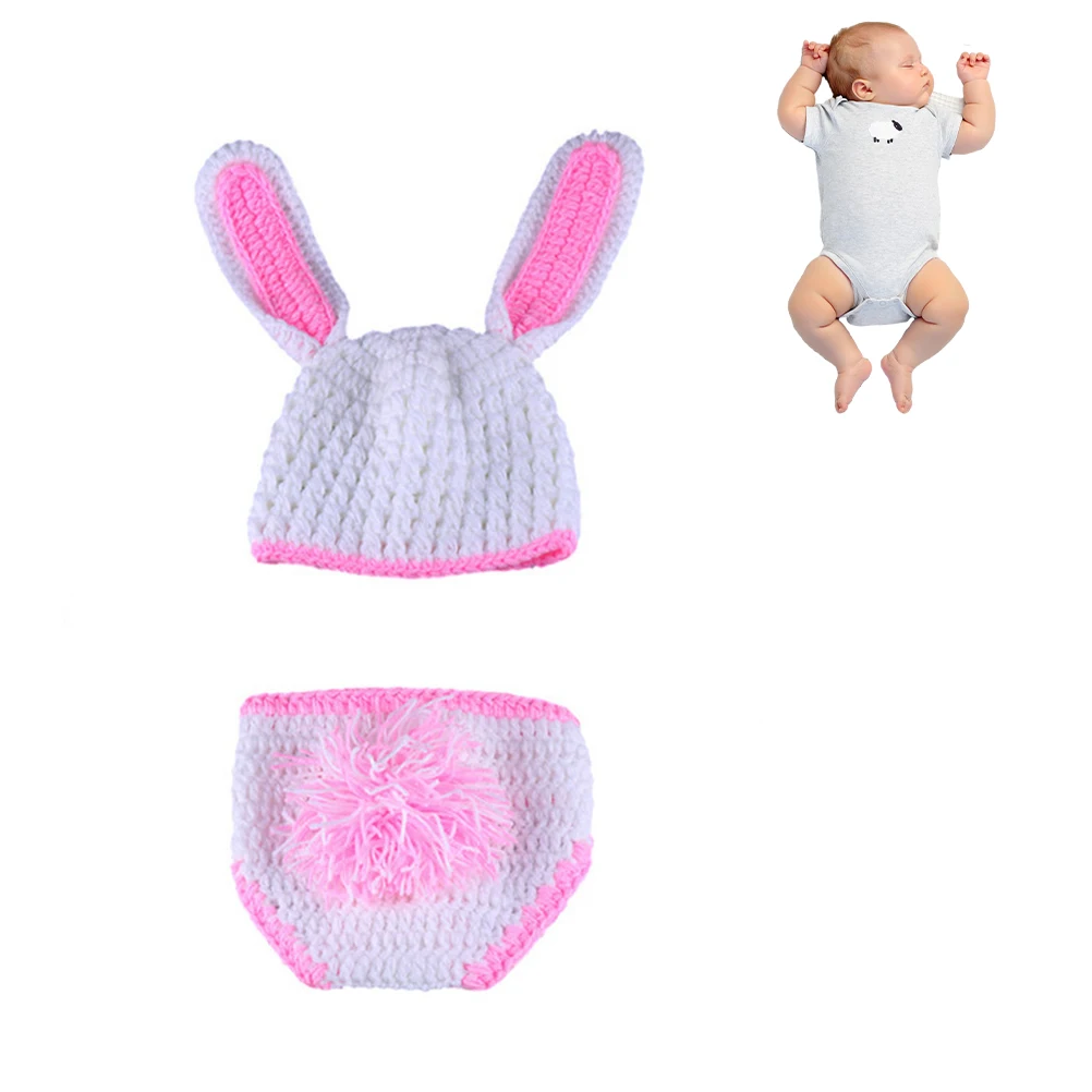 

Newborn Baby Photo Props Rabbit Ear Pattern Knitted Costume Photography Outfit Unisex Infant Hat Pants Newborn Photography Props