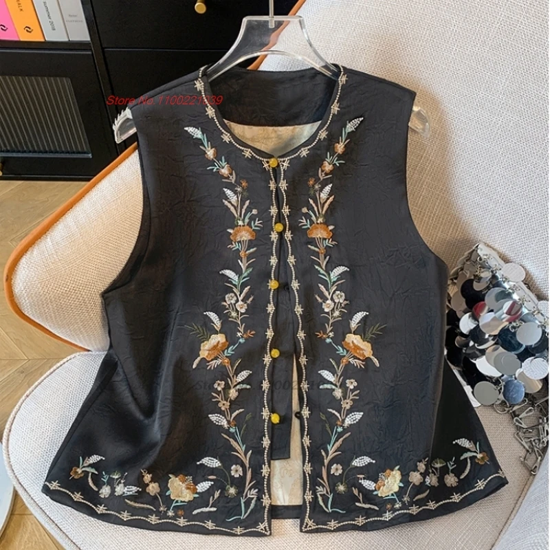 

2025 китайский винтажный жилет с национальной цветочной вышивкой, атласный жаккардовый жилет, куртка без рукавов, ретро топы ханьфу, народный жилет с круглым вырезом