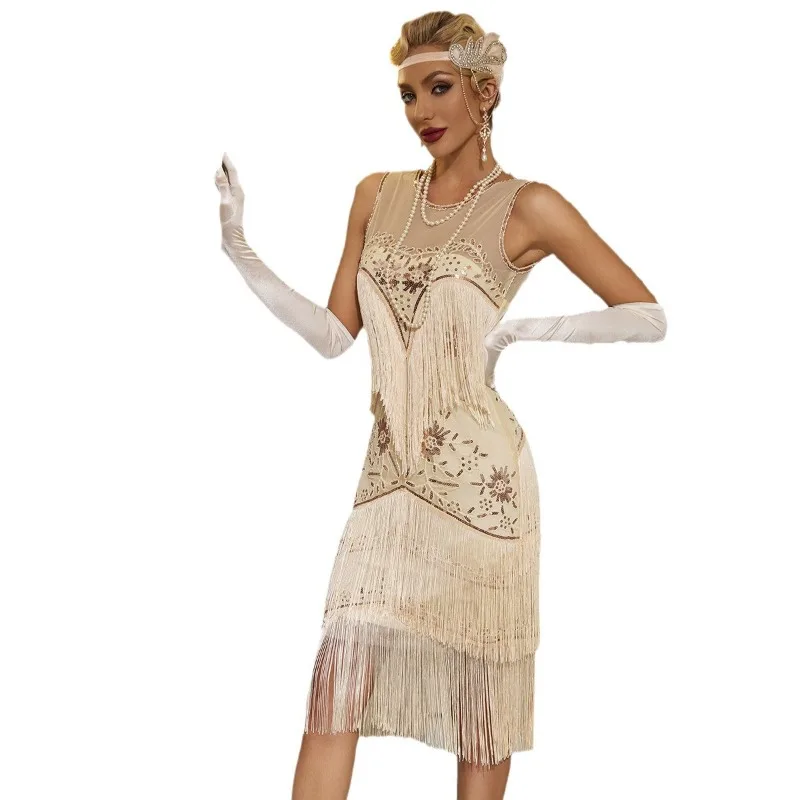 Sequin Beaded Embroidered Fringed Vest Dress 1920 Vintage Ball Dress Dance Dress Crew Neck