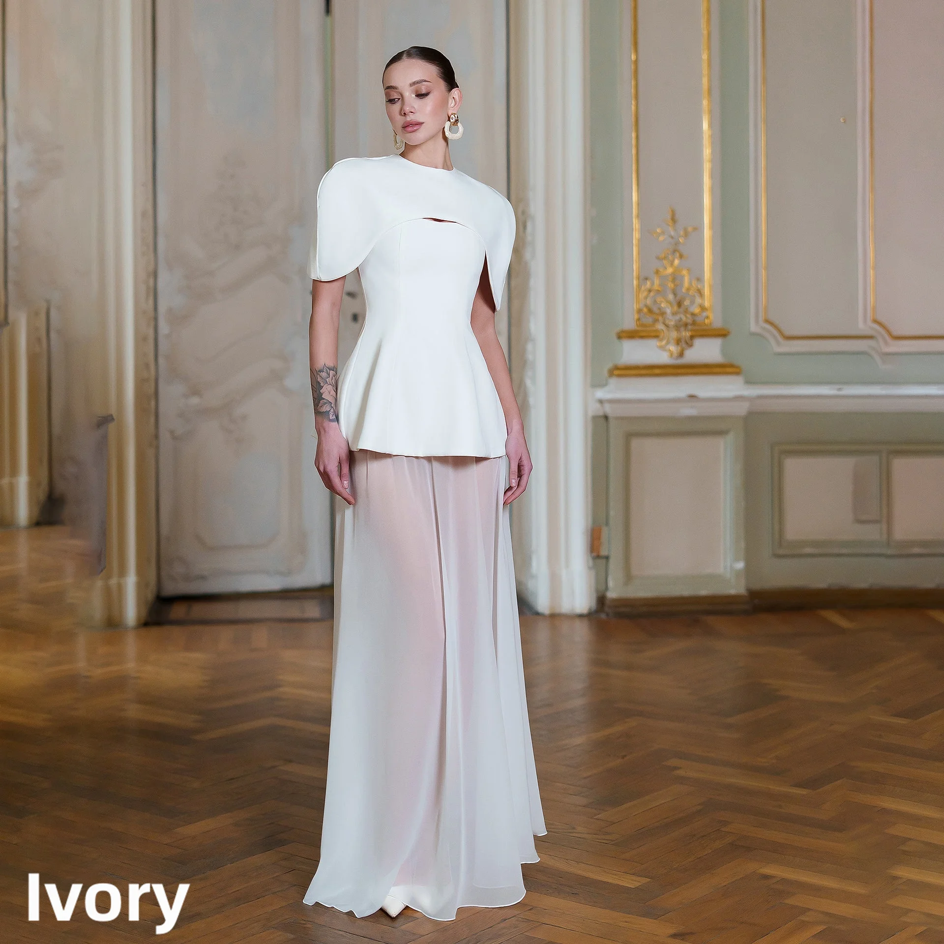 Elegant Two Piece Bridal Gown Cape Collar Hollow Peplum Bodice Sheer Chiffon Floor Skirt White Wedding Party Dress Custom Sizes