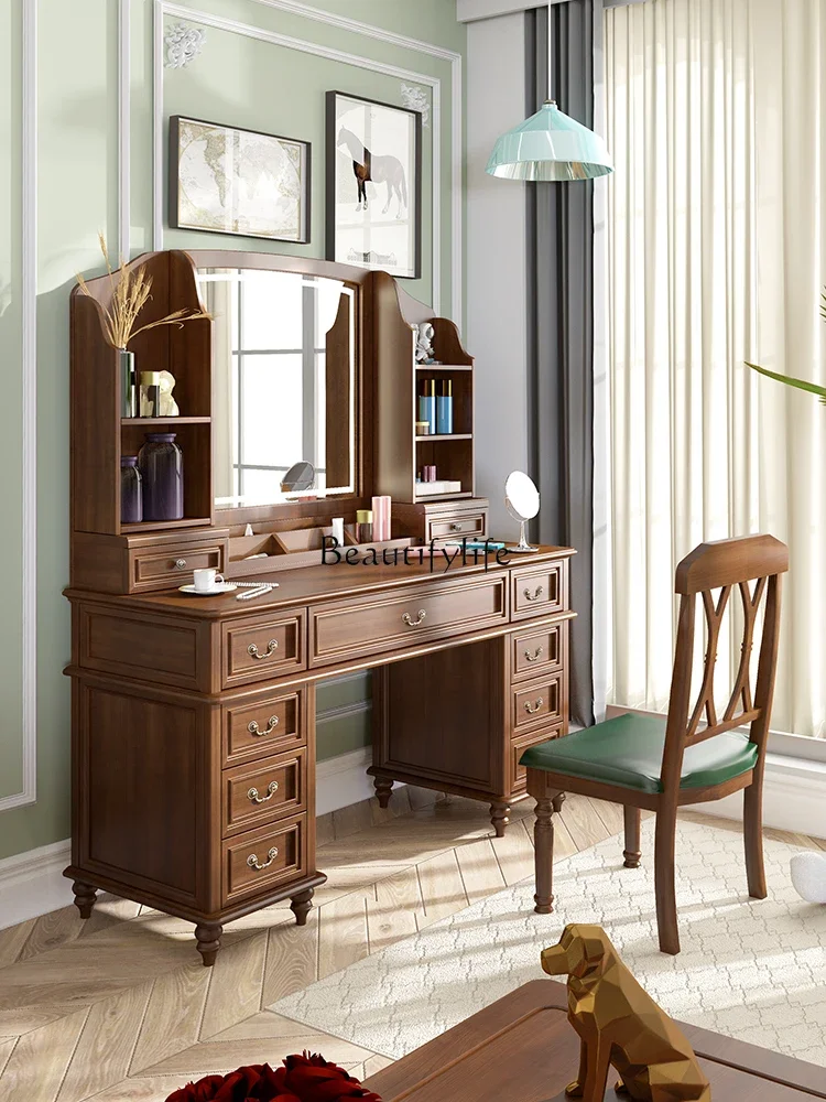 

yj5American-Style Solid Wood Dressing Table Bedroom Large Size Large Mirror with Light Multifunctional Storage Makeup Table