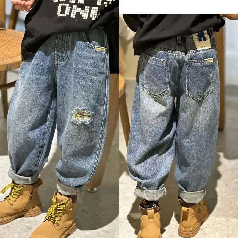 

Boys' Pants Spring and Autumn New Collection Children's Casual Piercing Jeans Teenage Boys Trouser for 4-13Yrs