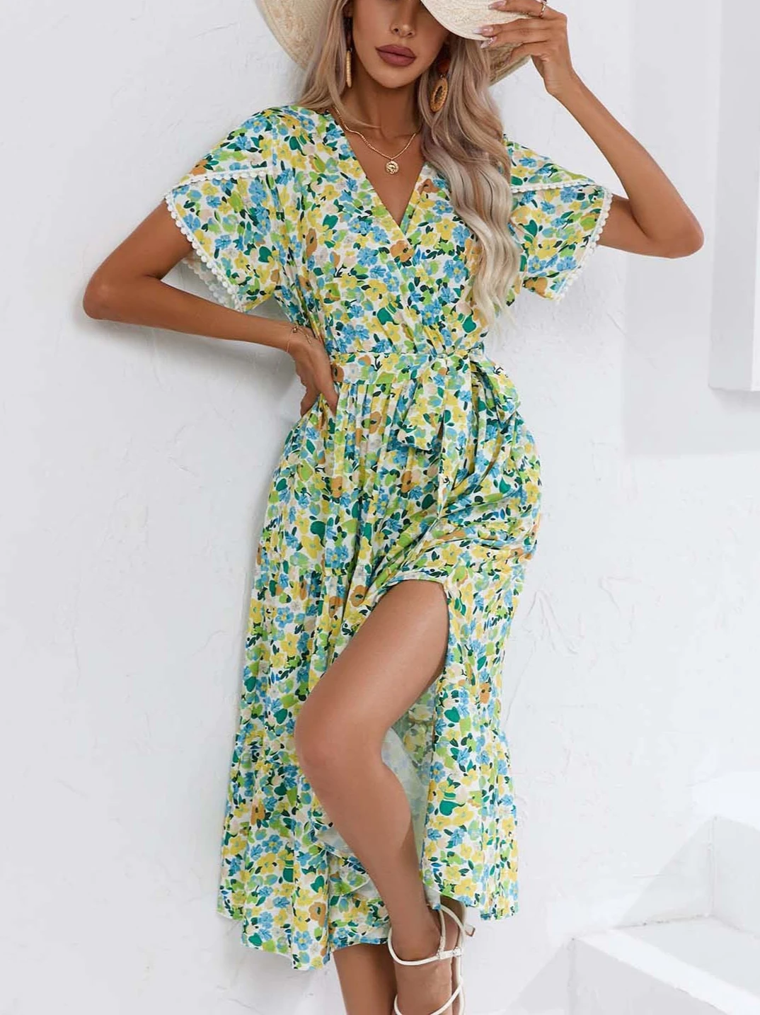 

Casual Floral V-neck Lace-up Dress Fashionable Loose Slit Printed Long Dresses 2025 Summer Temperament Commuter Women's Clothing