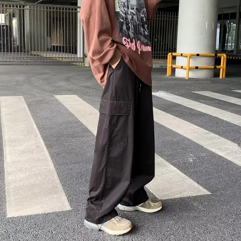 Cargo Pants Men Mid Waist Drawstring Hip Hop Japanese Style Streetwear Slouchy Pure Color Preppy Trouser Baggy Youthful Vitality