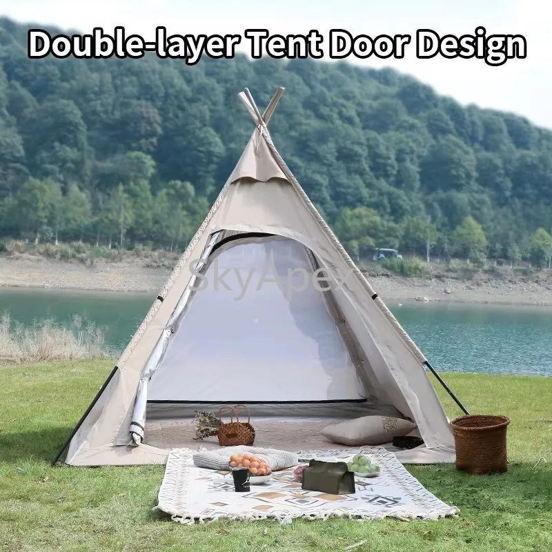 210D Oxford Cloth 3-5 Person Indian Style Pyramid Tent Waterproof UV Protection  Windproof  Portable Light Summer Family Camping
