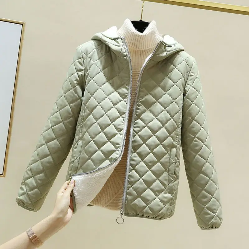 Abrigo de algodón a cuadros con capucha y cremallera de Metal para mujer, chaqueta gruesa con cuello alto, ropa de invierno, 2023