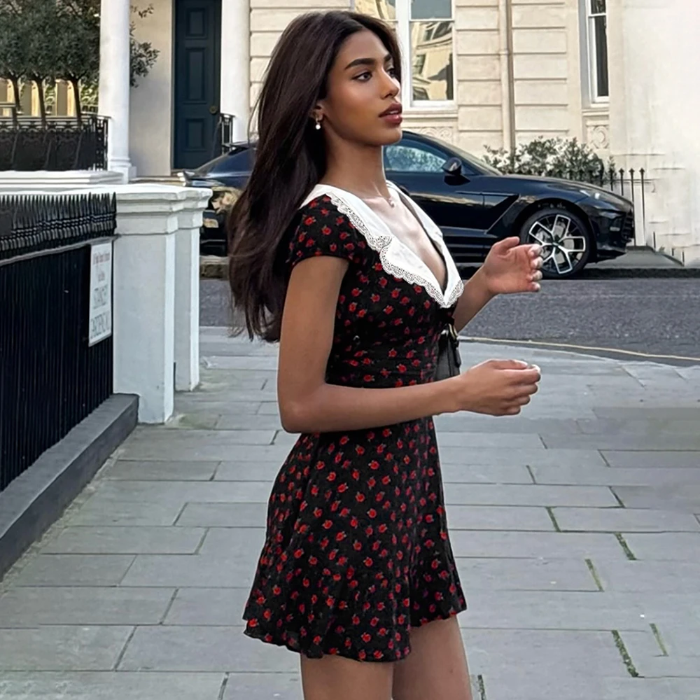 فستان قصير مطبوع عتيق من Talenza أنيق بخصر عالٍ ورقبة على شكل حرف v فستان ضيق مرقع على شكل حرف a Y2k فساتين نسائية صيفية للحفلات