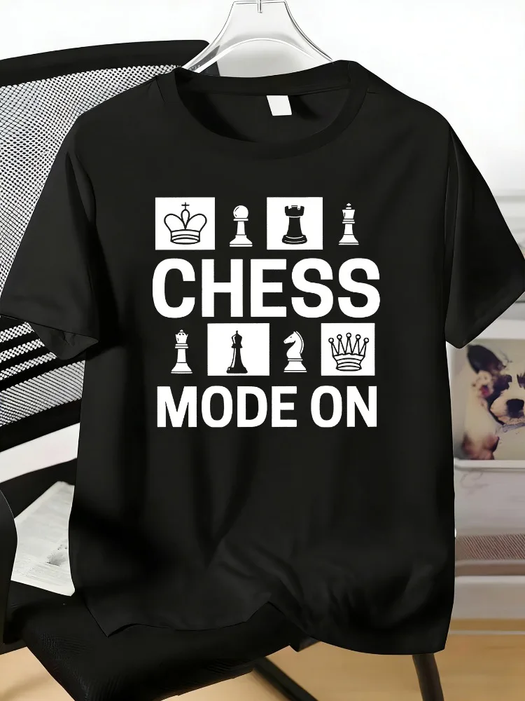 Men Crew Neck Tee Chess Mode On Chess Pieces Square Print Soft Blue Loose Casual Daily Street Top For Chess Game Hobby Lovers