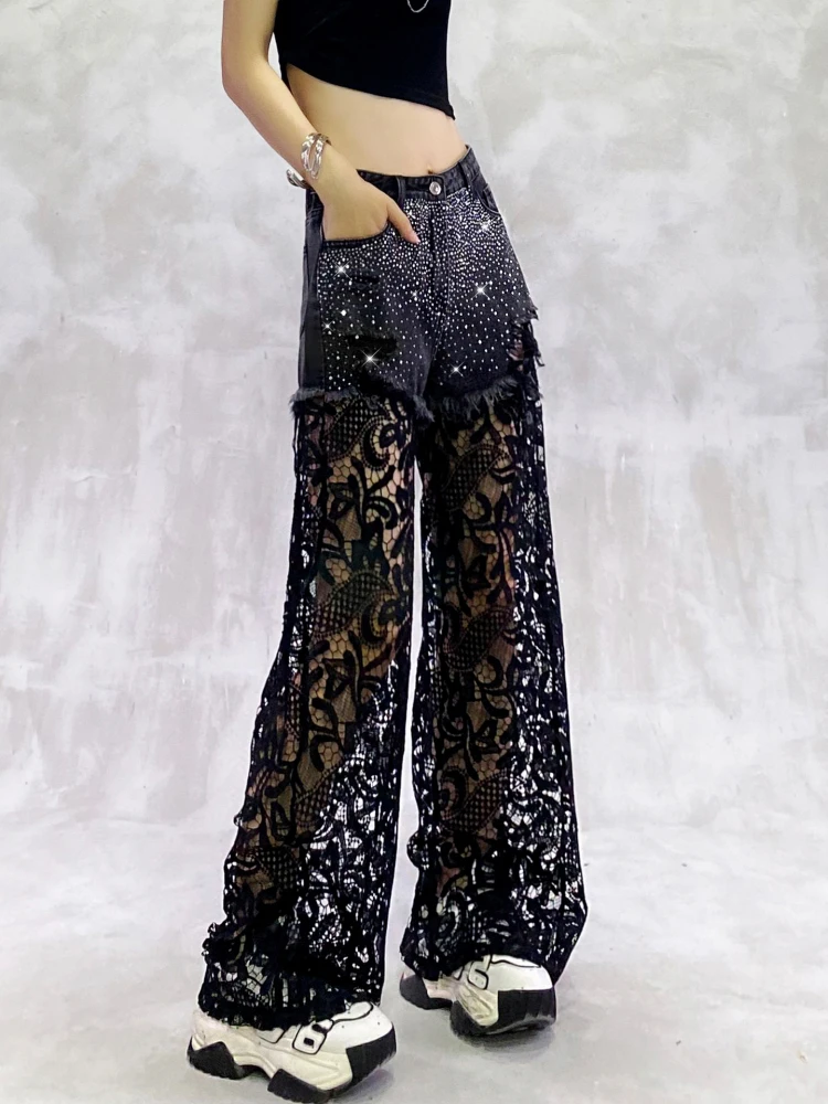Women's 2025 Summer New High Waist Jeans Trend Shiny Hot Diamond Design Lace Splicing Jeans Loose Versatile Straight Denim Pants