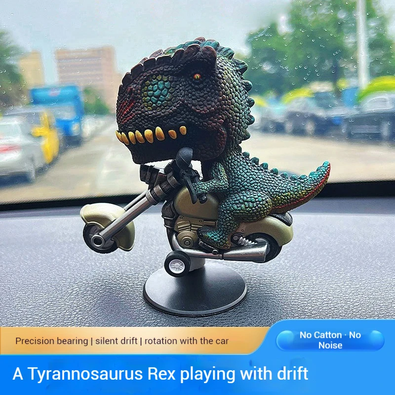 Car Mounted Ornament Drifting Tyrannosaurus Riding Motorcycle Dinosaur Inertia Rotating Car Decompression Creative Accessories