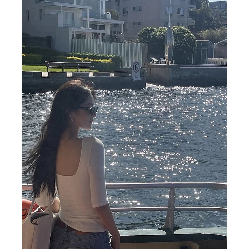 MEXZT Fashion T Shirts Women Streetwear Square Collar Crop Tops Ladies Elegant Korean Three Quarter Slim All Match Design Tees