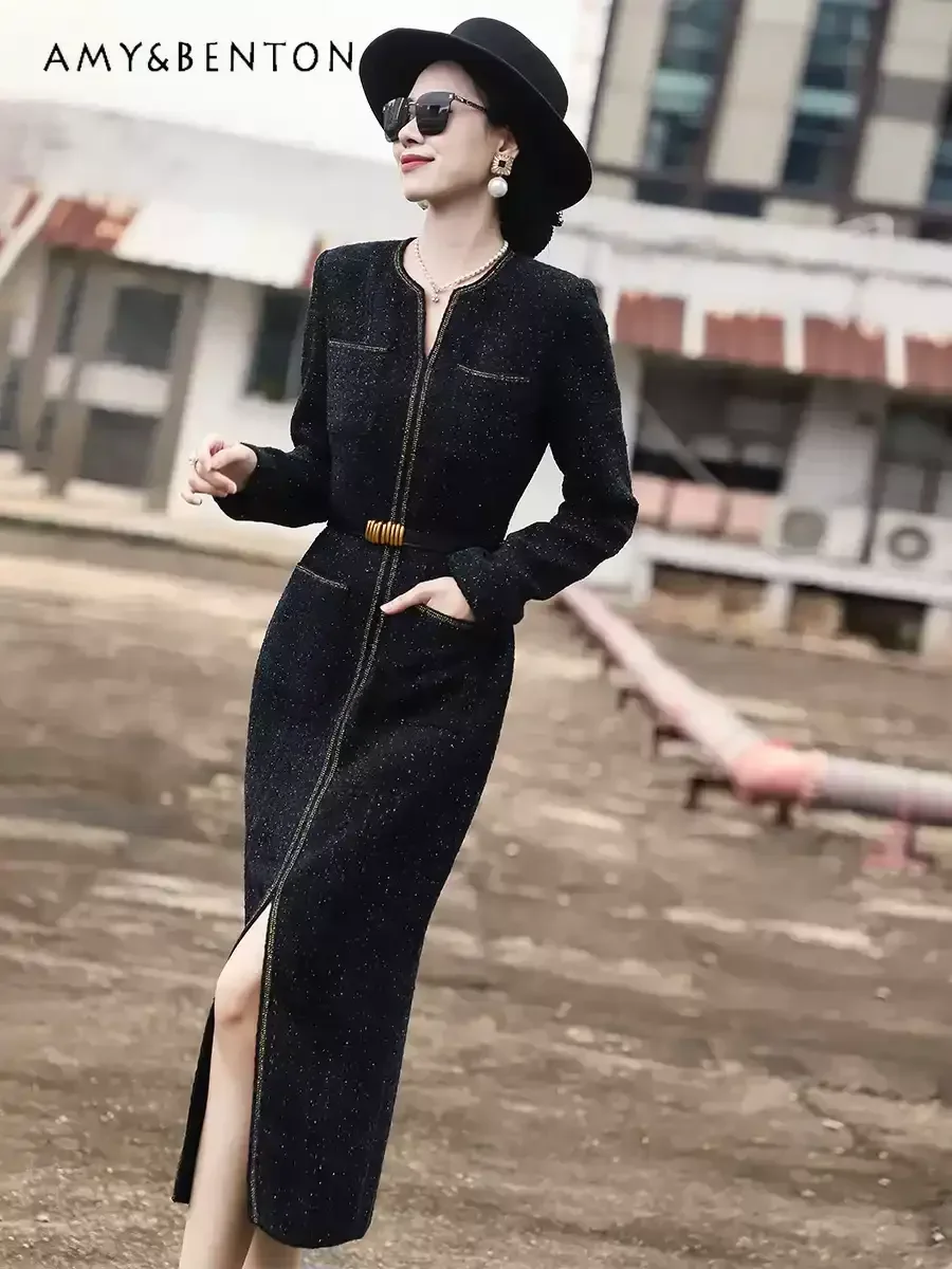 2024 Winter New Temperament High End Slim Black Tweed Hip Dress for Women Graceful Socialite V Neck Split Mid-length Dresses image 4