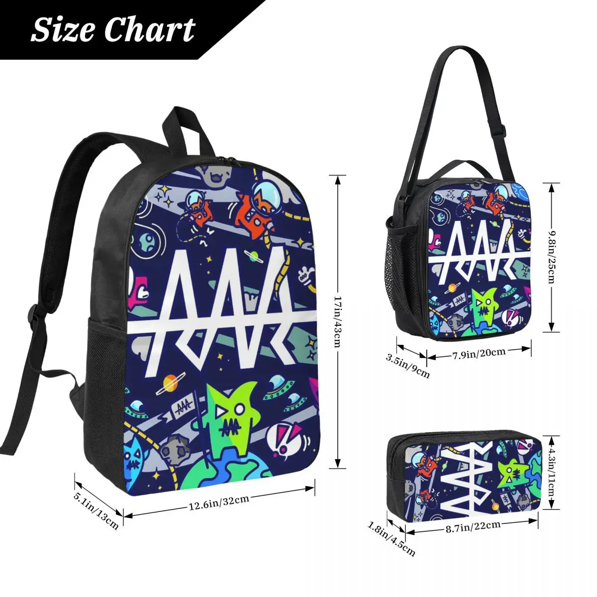 Team RAR Space Monsters Backpack Student Boys Girls BookBag School Bag Computer Shoulder Bag 3ps Insulated Lunch Bag Pencil Case