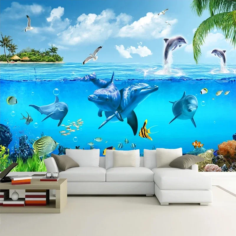 Custom Dolphin Underwater World 3D Wall Wallpaper Painting Children Room Living Room Waterproof Mural Wallpaper Papel De Parede