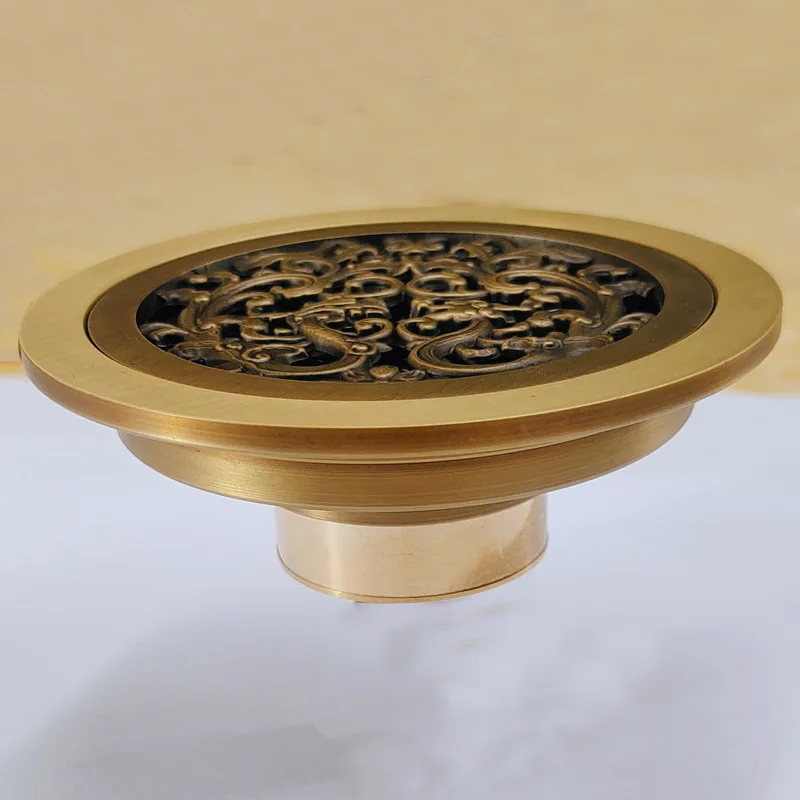 Antique Bronze Carved 10X10M Floor Drain Brass Round Shower Floor Drain Brass Circular Floor Drain Screen Cover Grille Drain