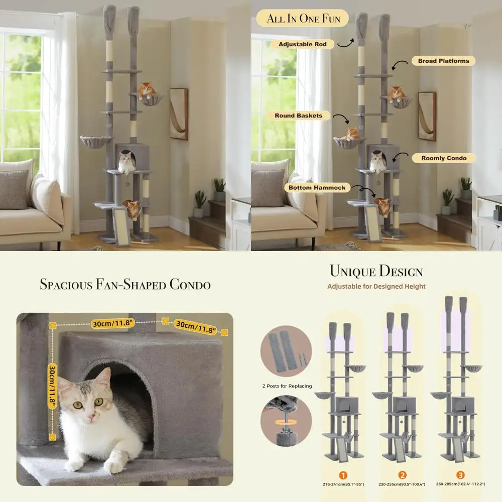 

Adjustable Height Floor to Ceiling Cat Tower with 7 Tiers, Cozy Hammock, 85-112 Inches Tall Climbing Center