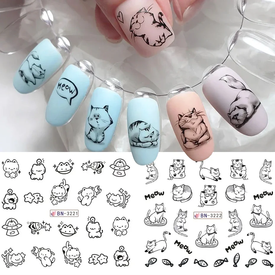 12가지 디자인의 검은 고양이 네일 워터 스티커 귀여운 카와이 만화 네일 아트 데칼 워터마크 전사 슬라이더 매니큐어 장식