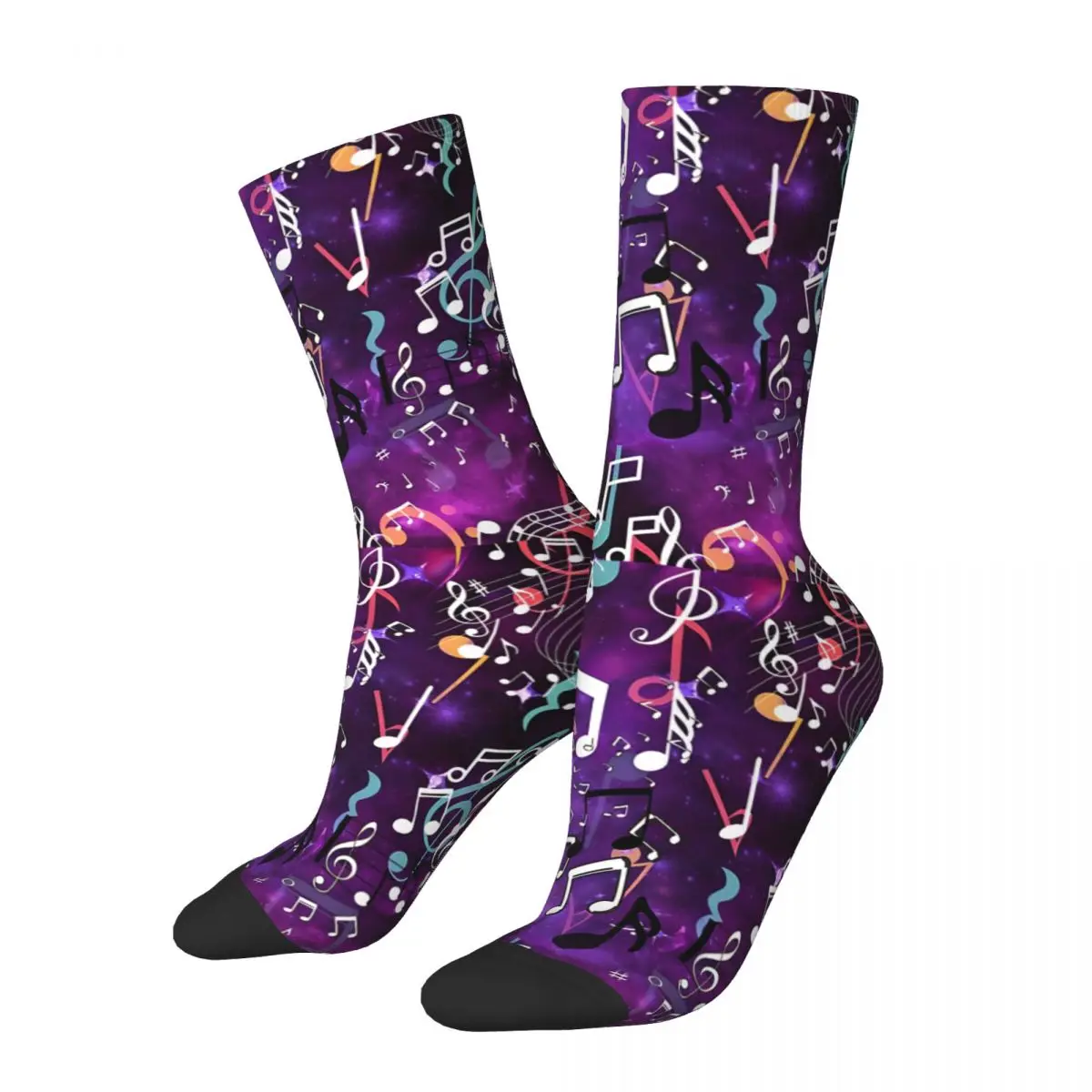 Funny Men's Socks Purple Glow Music Notes Retro Hip Hop Casual Crew Sock Gift Pattern Printed