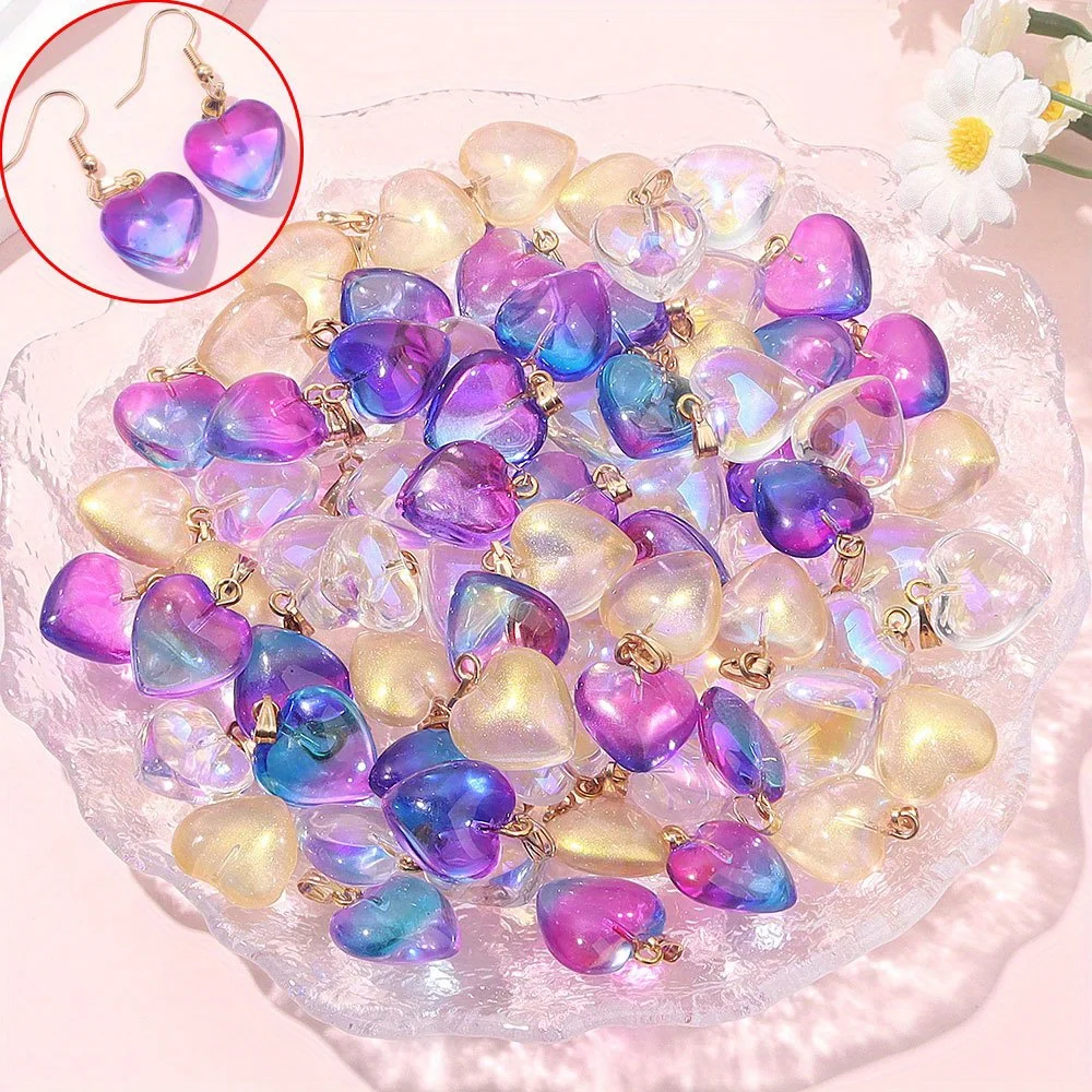 

2/4/8pcsmulti-color Glass Gradient Transparent Heart Shapependant Chain Decoration,DIY Bracelet Keychain Gift Making Accessories