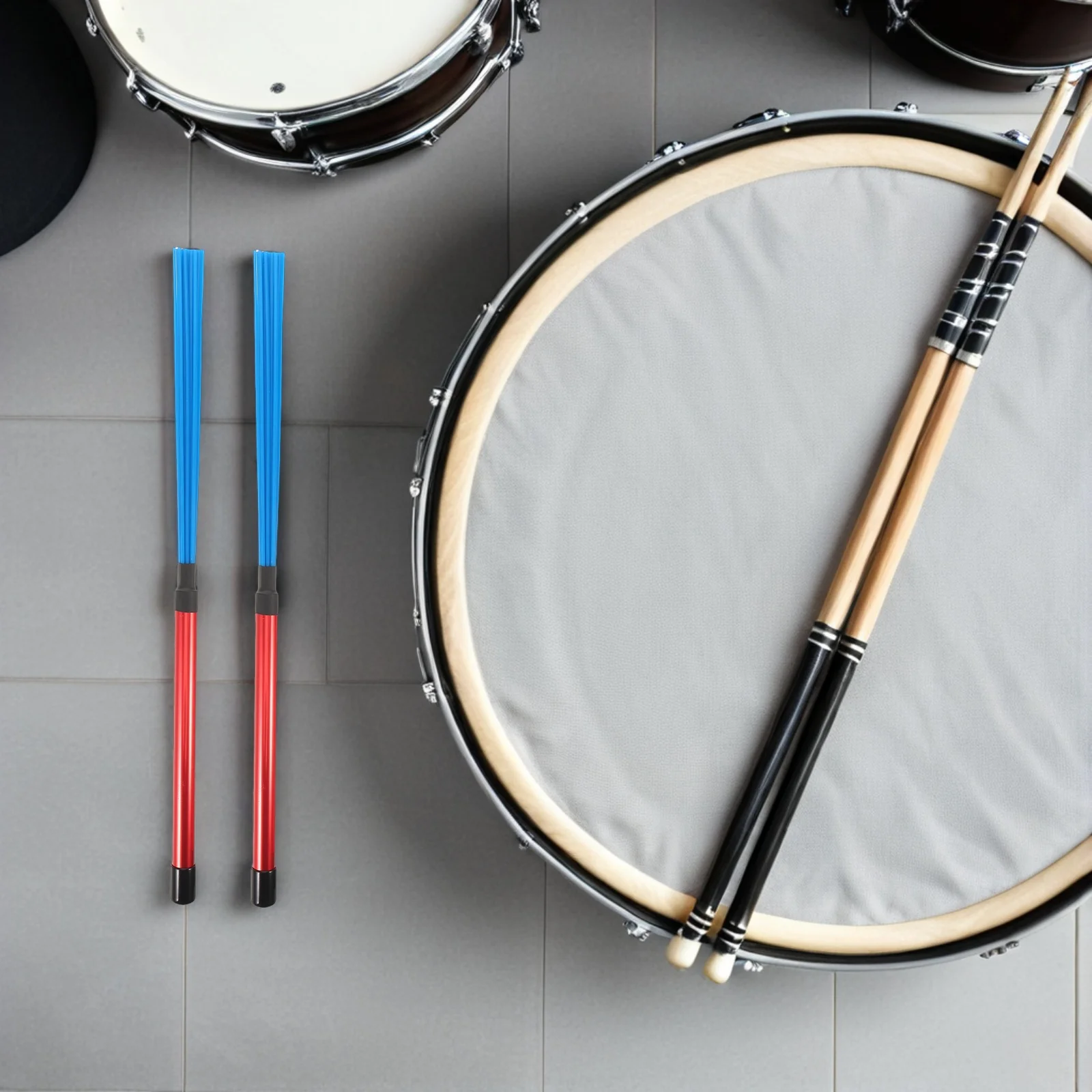 

2Pcs Jazz Drum Brush Bundle Sticks Lightweight Aluminum Alloy with Blue Nylon Brushes for Drum Set Performance