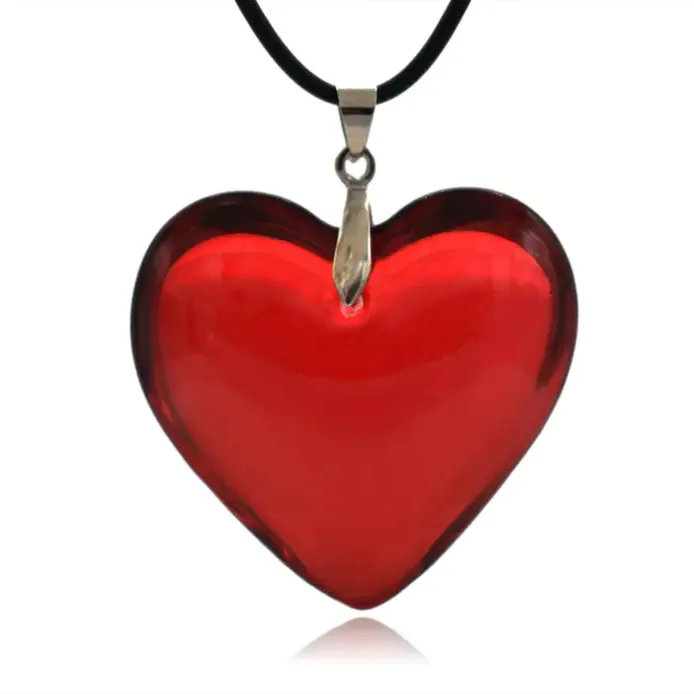 42MM Glass Puffy Heart with Black Leather Cord Necklace Red Aura Rainbow Large Heart Statement Necklace for Women Grunge Jewelry