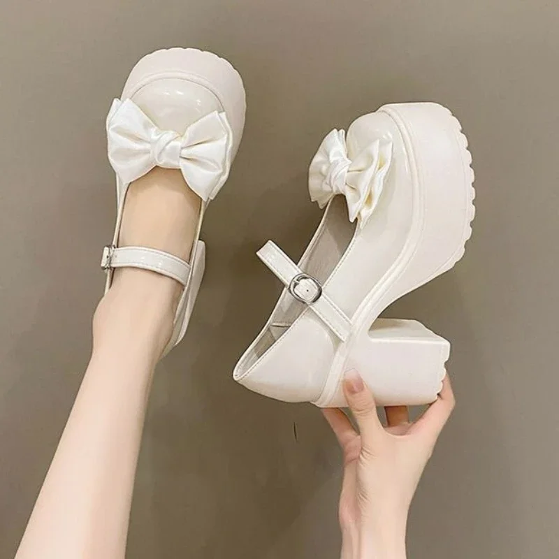 Fashion New Solid Color Bowknot Popular Thick Heels Buckle Round Toe Buty na wysokim obcasie dla kobiet buty Mary Jane buty na platformie