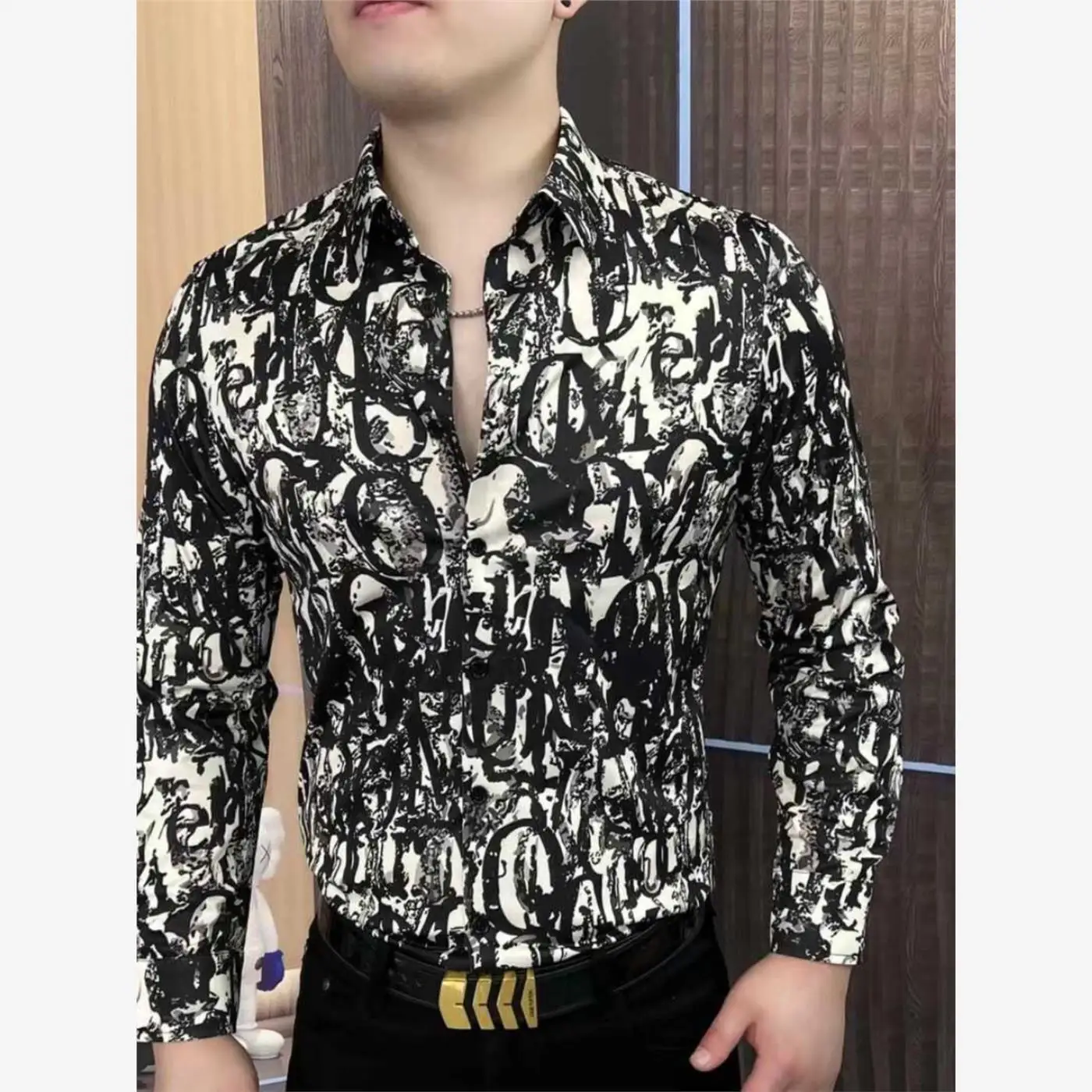 

Faionable Casual Long Sve Men's irt Luxury Printed Personalized Urban Sle Cotton Polyester Blend Four Seasons Wear