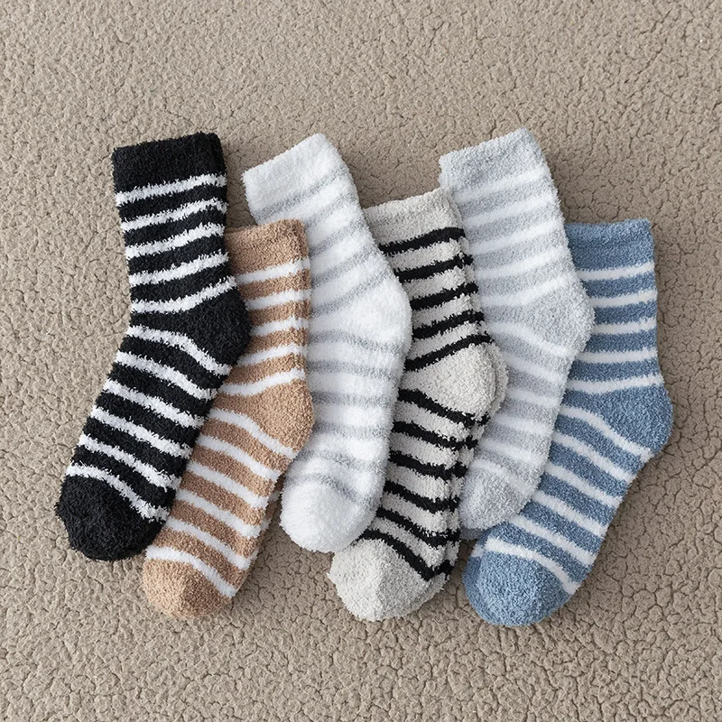 5 Pairs Thick Mens Thermal Socks Winter Warm Striped Coral Fleece Fluffy Solid Color Sleep Male Bed Socks Calcetines Hot Sell