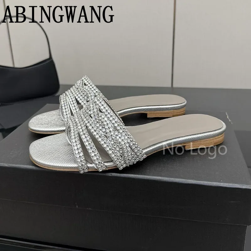 Classics Summer New Leather Crystal Thin Sole Flip Flops for Women Casual Lazy Slippers Outdoor Holiday Shoes Beach Shoes