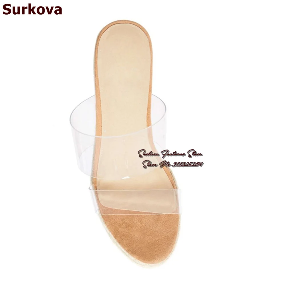 Surkova Beige Rope Braided Wedged Heel Modern Slippers Plaited Platform Transparent Clear PVC Straps Sandals Slip-On Dress Shoes