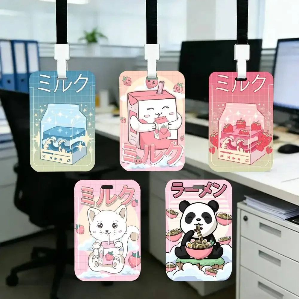 Kawaii Milk Kanagawa Wave Lofi Aesthetic ID Card Holder Neck Strap Pendant Door Badge Holder Lanyards Keychain Work Credential