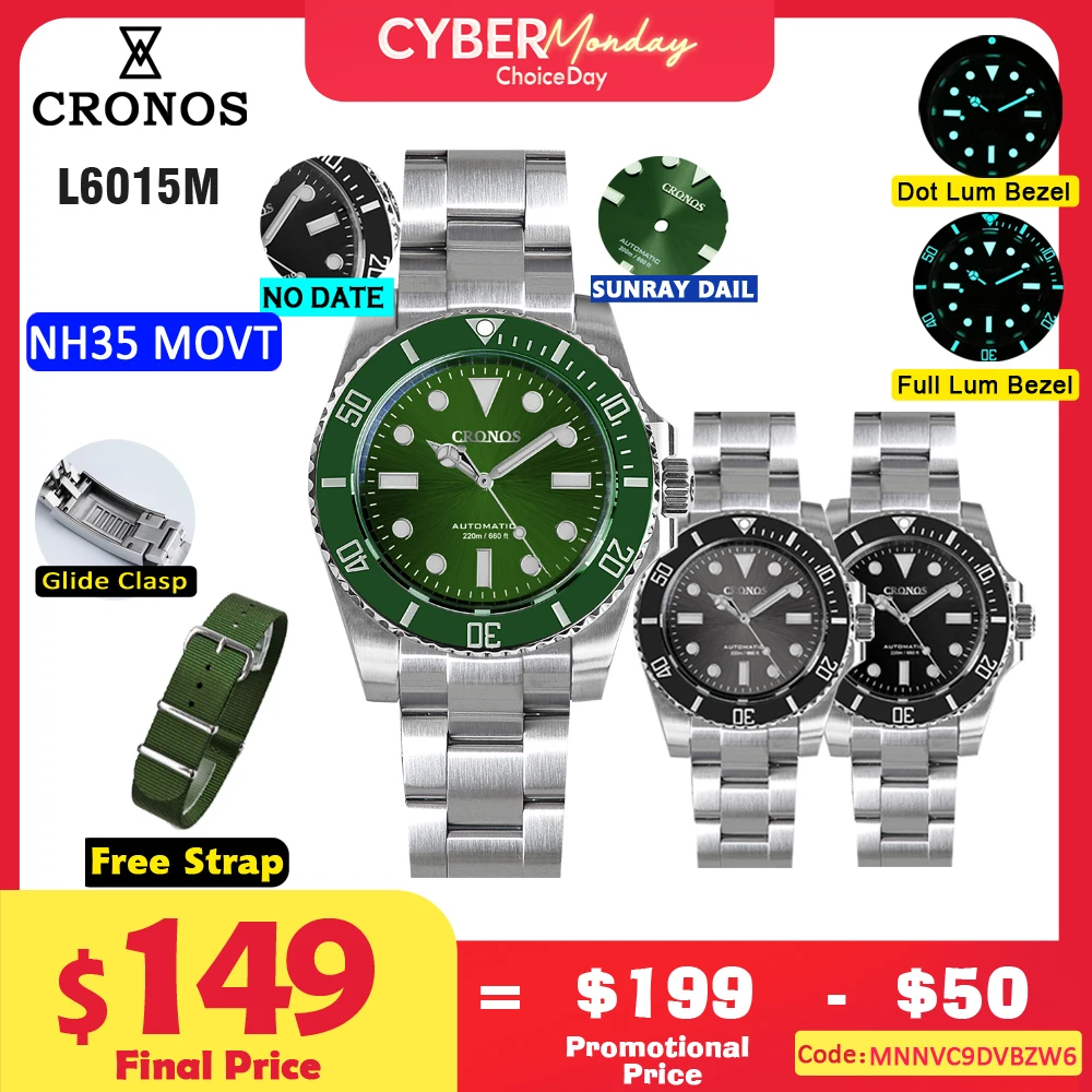 Cronos Sub Diver Men Watch No Date NH35 Sapphire Cyclops Ceramic Bezel 20 ATM Glideclasp Latest Version