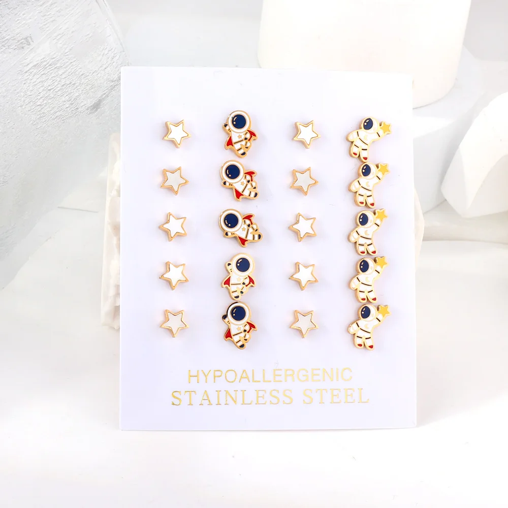 LUXUKISSKIDS 10Pairs/Card Symmetry Stud Earrings Cute Star Moon Lock Key Astronaut Aesthetic Korean Jewelry For Women/Men Gifts