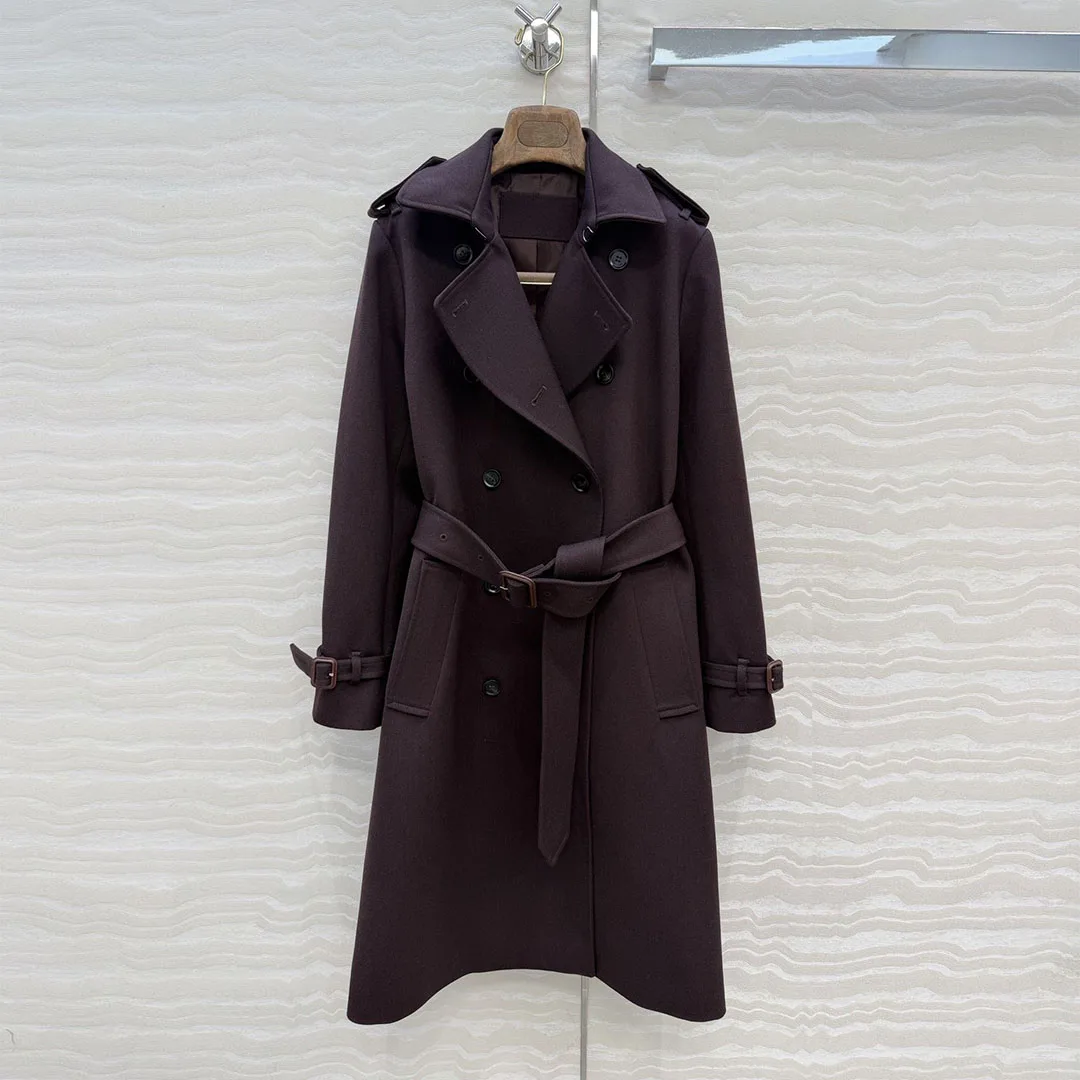 

New Autumn Winter Brown Worsted Wool Trench Coat Women Lapel Long Sleeve Double Breasted Slim Belt Trendy Retro Long Overcoat