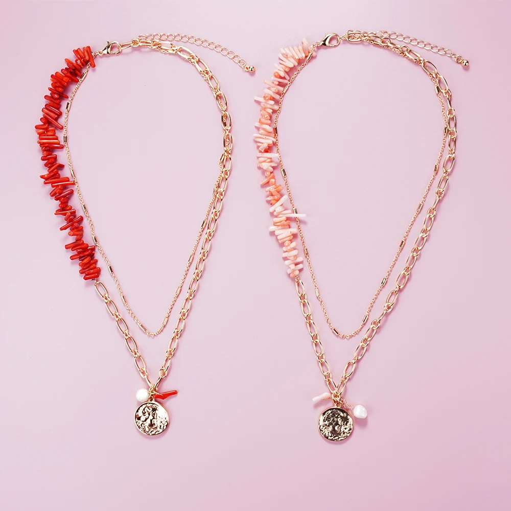 

True Red Coral Necklace Coins Pendant Women Anti Tarnish Bohemia Ethnical New In Trending Y2K Stainless Steel Metal Jewelry