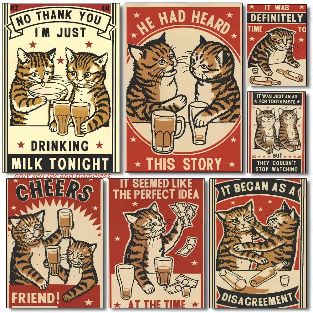 Funny Cheers Drunk Cats Art Poster Modern and Elegant Wall Stickers for Home Decor Living Room Dormitory Wall Art