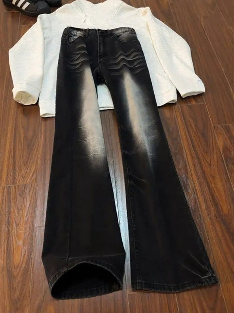 Washed Black Gradient  Jeans Men Women Straight Leg Slimming High Street Knife  Flared Long Trousers