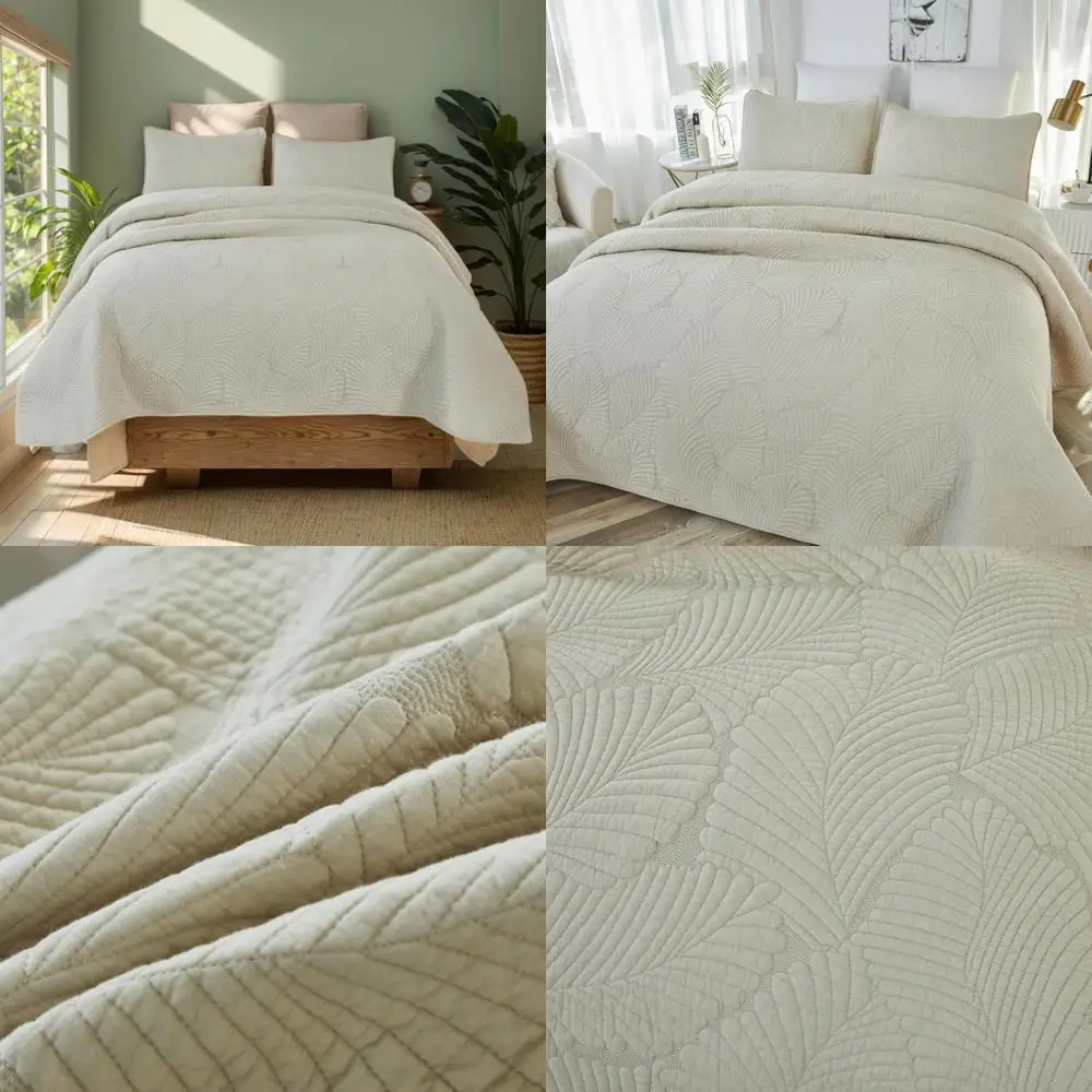 

Elegant Beige Cotton Palm Quilted Coverlet Set - 3 Piece Lightweight King Size Comforter