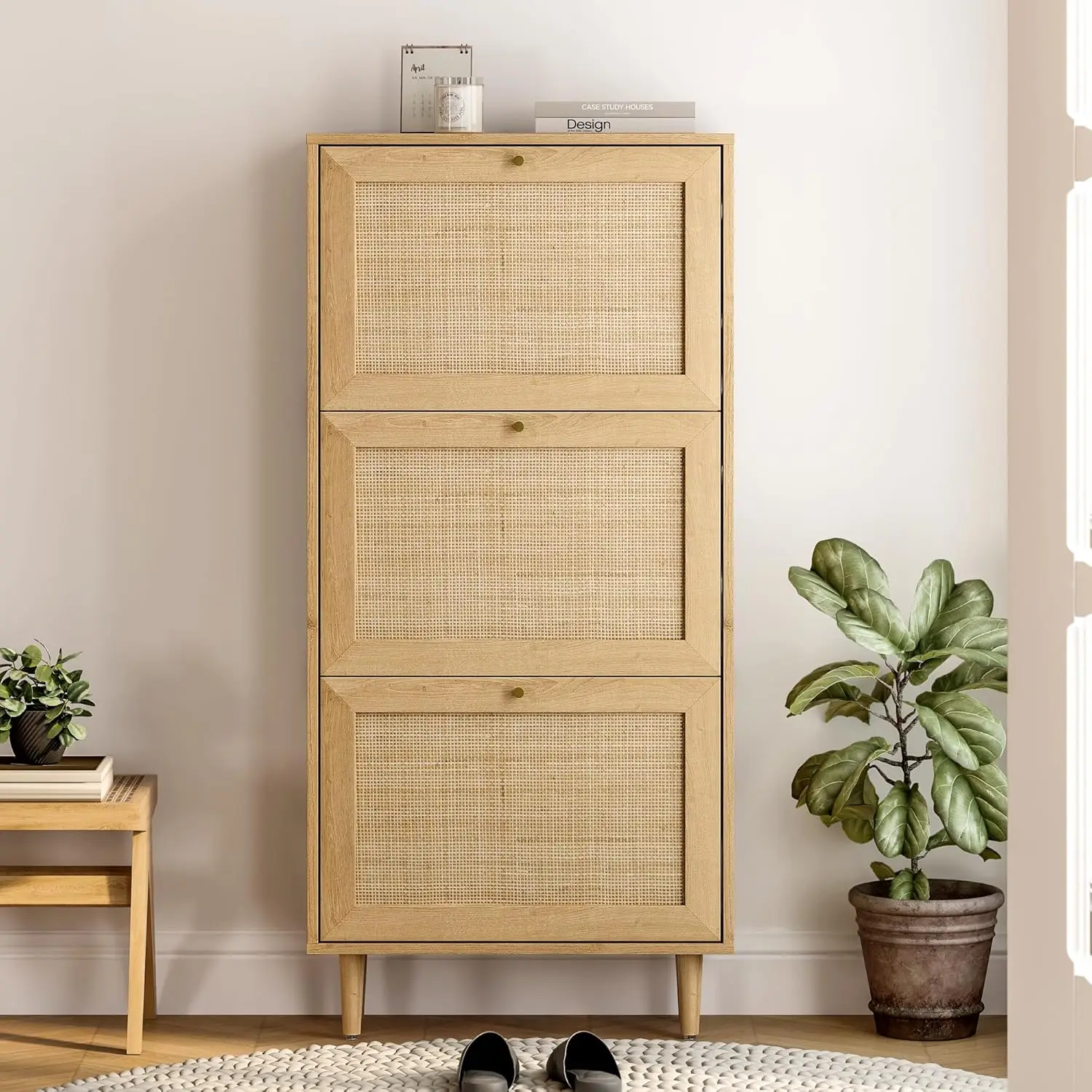 Rattan Shoe Cabinet Narrow Shoe Storage Cabinet with 3 Flip Drawers Hidden Freestanding Shoe Rack Organizer, Customized