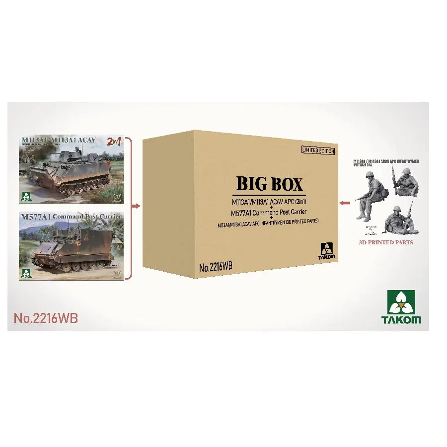 Takom 2216WB 1/35 Big Box Limited Edition 1/35 M113A1 ACAV APC & M577A1 Command Post Carrier 2-in-1 + 2900 Infantry Figure Set