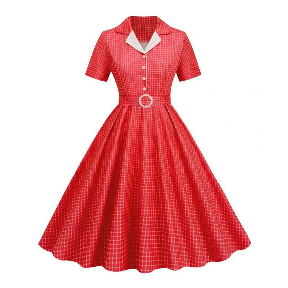 Kleid Retro halb einreihig A-Linie große Schaukel V-Ausschnitt Plaid druck hohe Gürtel enge Taille Dame Abschluss ball Party Bankett Midi-Kleid