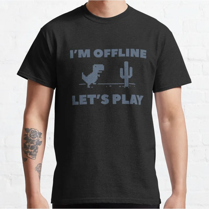 DinoChrome The Offline T-Rex _ I'm Offline, Let's Play Funny cartoon pixel video game T-shirt for men large size Adult Tops