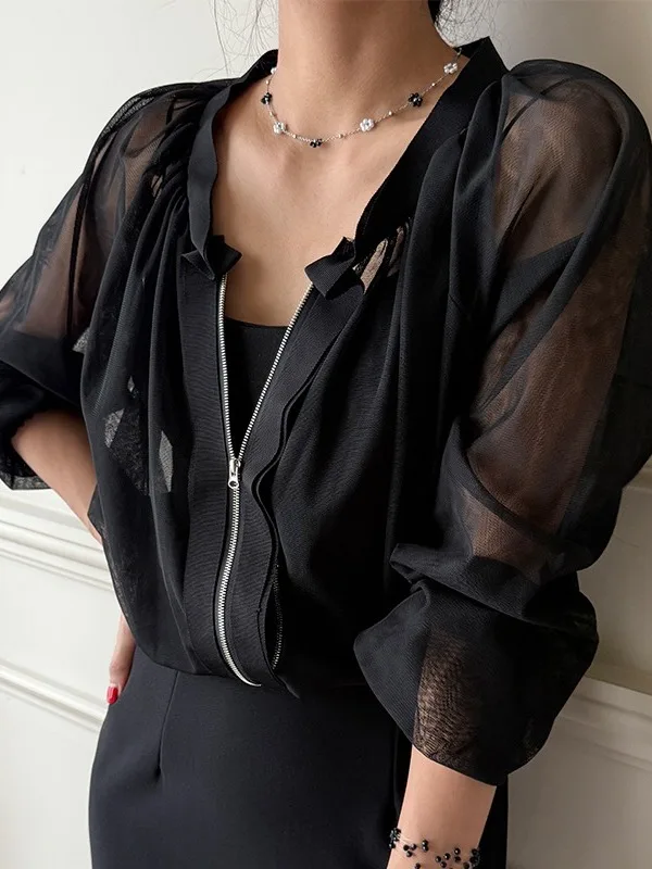 Top Sem Mangas Retro Dobrável para o Verão F com Proteção UV Estilo Translucido com Zíper Moda Versátil