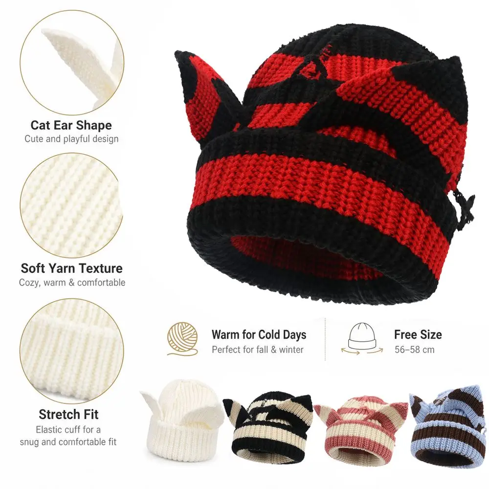 Gifts Yarn Cat Ear Beanie Stretchable Knit Y2K Harajuku Striped Beanie Punk Gothic Knitted Skull Cap Casual Streetwear