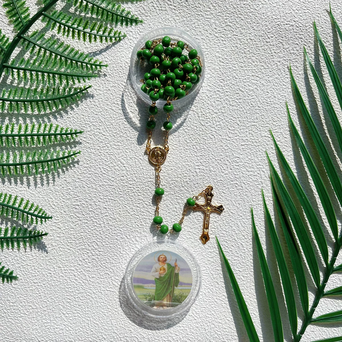 12Pcs Scented Green Rosary Necklace Saint Jude Baptism Party Favors Catholic Gift with Box Rosary Bead Necklace