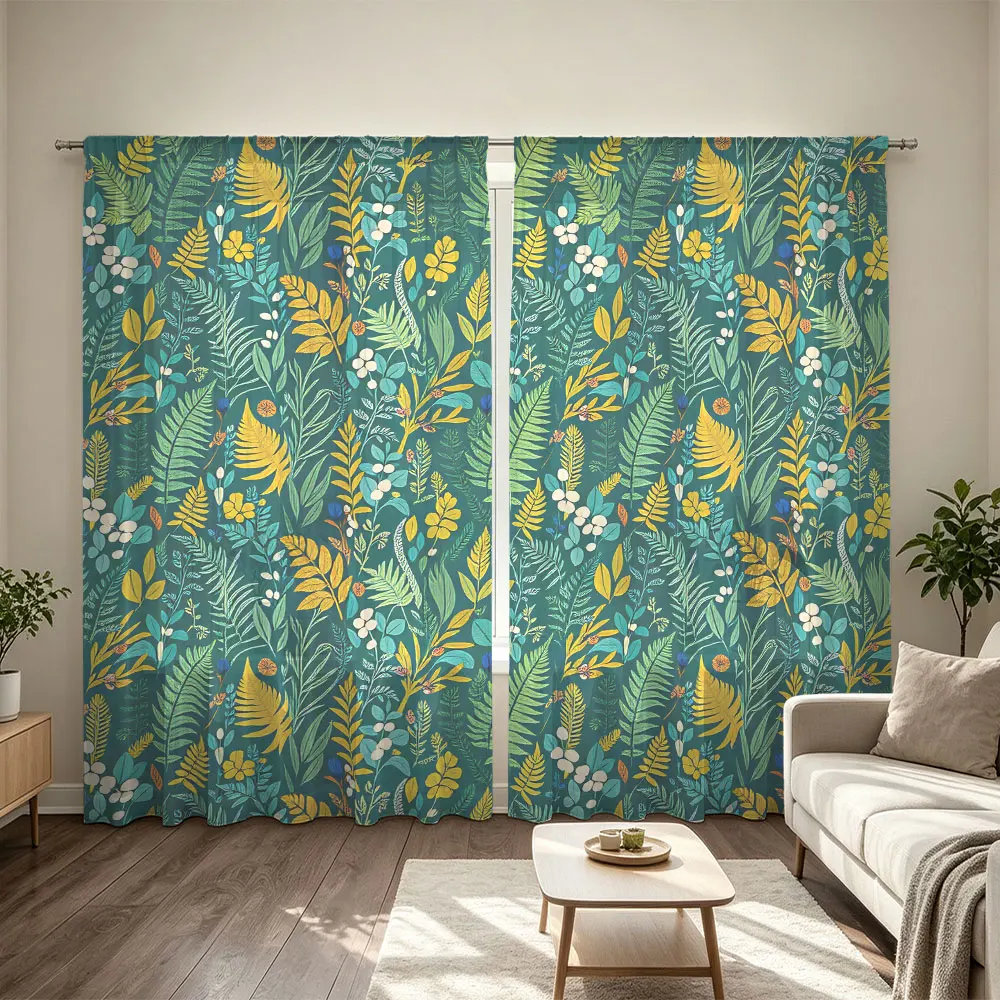 2pcs 90g rod-mounted curtains with a dark green background and a tropical plant flower pattern, suitable for home decoration