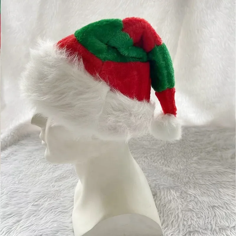 Christmas Red Green and White Elf Hat Plush Striped Splicing Christmas Hat High-end Decorative Gifts