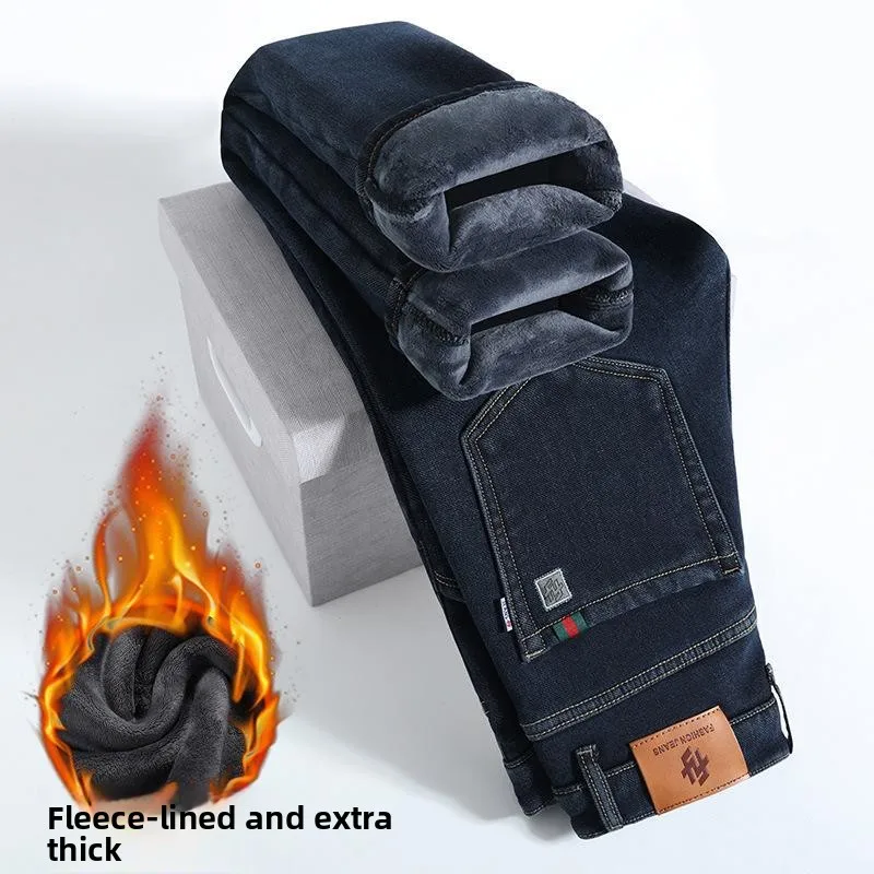 

Men's Winter Thickened Fleece Lined Loose Straight Leg Jeans Trendy Outerwear Warm Autumn Winter Denim Pants mid Waist Long T...